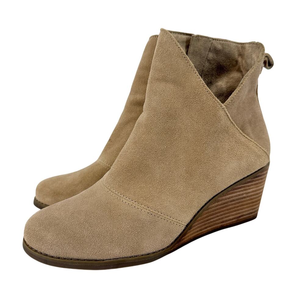 TOMS Sutton Wedge Ankle Boots Womens 8 Oatmeal Suede Tan Booties 10020243